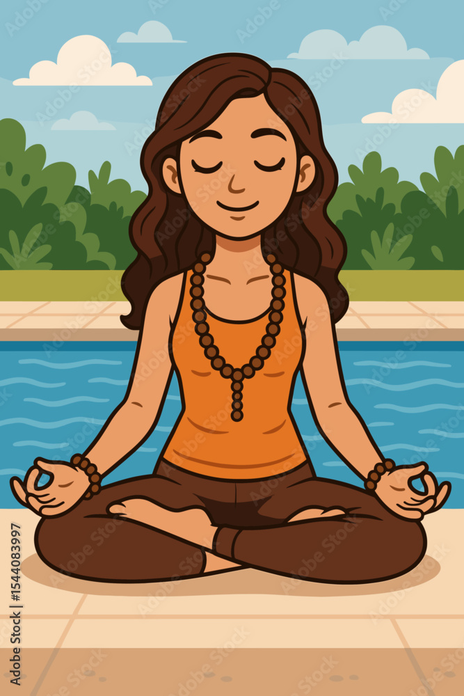 custom made wallpaper toronto digitalTranquil woman meditating in lotus yoga pose by swimming pool, mala beads, mindfulness, outdoor wellness retreat, calm summer day, peaceful meditation, relaxation, vector cartoon illustration