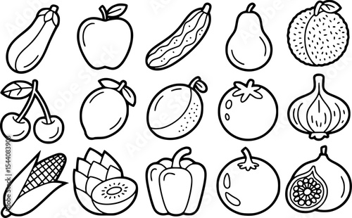 Outlined healthy fruits and vegetables vector set