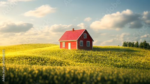 A charming red house sits in a field of yellow flowers under a sunny sky. Home and peaceful countryside.