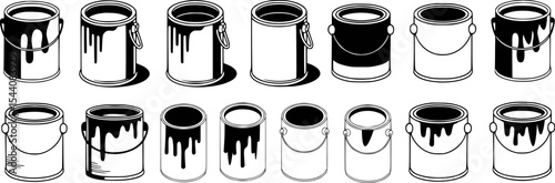 Paint cans drips isolated black and white illustration
