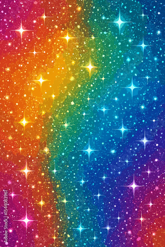 Colorful Glitter Sparkle Background. Vibrant Rainbow Abstract With Shimmering Light Effects, Glowing Stars, Sparkling Particles. Festive Celebration, Fantasy Night Sky, Vector Seamless Pattern
