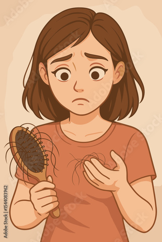 Woman Experiencing Hair Loss Holding Hairbrush with Fallen Hair. Female Alopecia Concept. Hair Thinning Problem. Stress, Health Issue, Beauty Care, Medical Condition. Vector Cartoon Illustration.