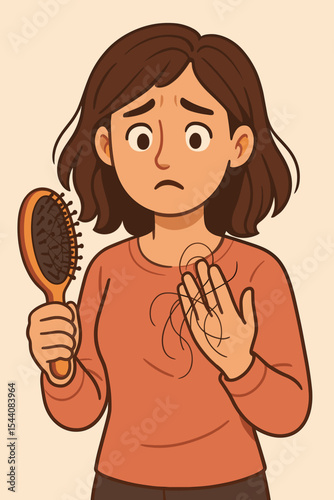 Hair Loss Problem Concept. Woman Holding Hairbrush with Tangled Strands, Female Pattern Baldness, Alopecia, Hair Shedding, Hair Care Issue, Vector Illustration for Dermatology and Hair Treatment