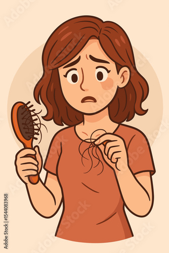 Worried woman with brown hair experiencing hair loss, holding hair strands and hairbrush full of hair, concept of female alopecia, stress, hair care problems, vector cartoon illustration