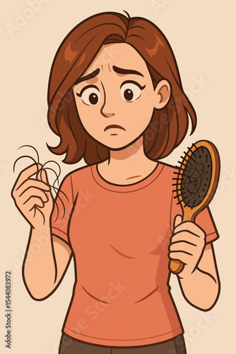 Hair loss problem concept vector illustration. Woman holding fallen hair and hairbrush with tangled strands. Female pattern baldness, stress-induced hair fall, alopecia, scalp health cartoon
