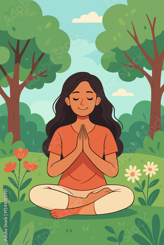 Peaceful woman meditating in lotus position, practicing mindfulness and yoga in tranquil outdoor garden, surrounded by trees, wildflowers, and nature. Vector illustration for relaxation and wellness.