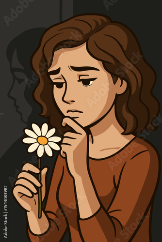 Pensive woman holding daisy flower introspective mood, dark reflective background, concept sadness loneliness hope, emotional contemplation, thoughtful female vector illustration, melancholic scene