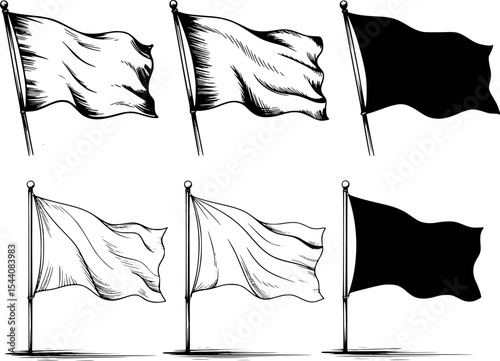 Vector illustrations of waving flags in different styles