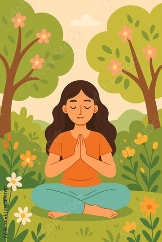 Peaceful woman practicing meditation and prayer outdoors, surrounded by blooming trees, flowers, and lush greenery. Mindfulness, yoga, relaxation concept. Colorful vector cartoon illustration