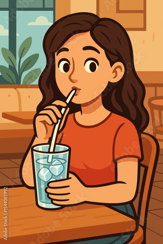 Cartoon woman drinking cold iced water at cafe table. Female character with long hair sipping refreshing beverage with straw in glass. Modern restaurant interior, casual dining vector illustration