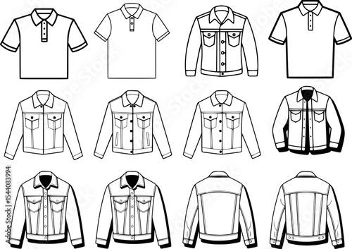 Vector outlines of polo shirts and denim jackets