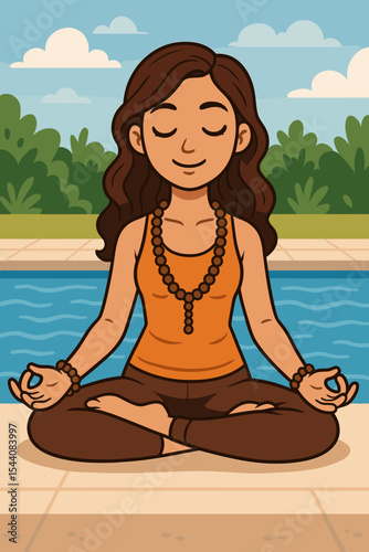 Tranquil woman meditating in lotus yoga pose by swimming pool, mala beads, mindfulness, outdoor wellness retreat, calm summer day, peaceful meditation, relaxation, vector cartoon illustration