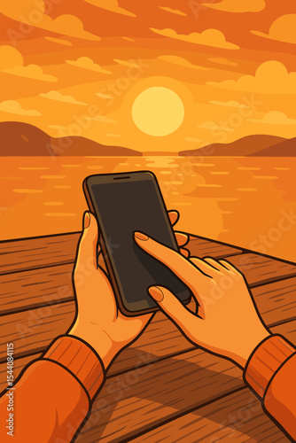 Hands using smartphone on wooden dock at sunset, digital detox, relaxation, technology outdoors, summer evening, peaceful lakeside, communication, mindfulness, vacation, tranquil landscape