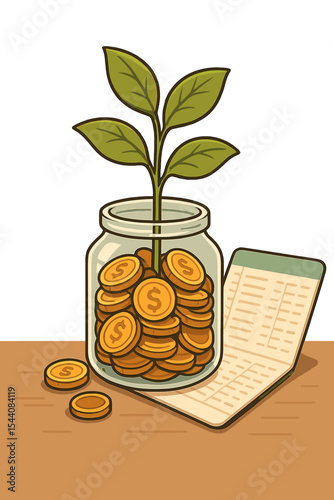 Financial investment growth concept. Young plant sprouting from jar full of gold coins with bank passbook. Savings, wealth, money management, economic prosperity, cartoon vector illustration.