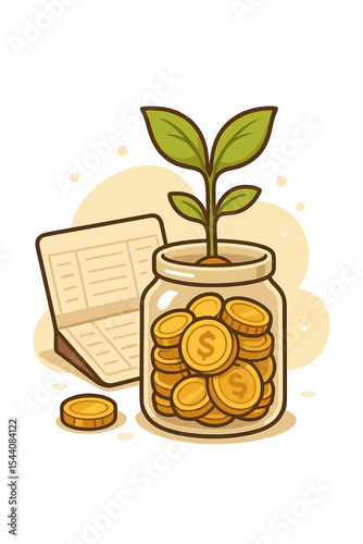 Financial growth and investment concept with young plant sprouting from jar filled with gold coins and bank passbook, money saving, wealth accumulation, finance vector cartoon illustration