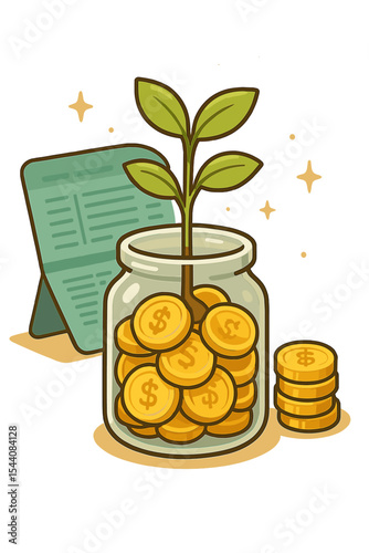 Financial growth investment concept. Green plant sprouting from jar filled with gold coins, bank passbook. Money savings, wealth accumulation, economic prosperity, cartoon vector illustration