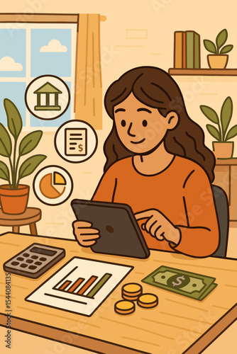 Young woman managing personal finances on digital tablet at home office. Online banking, budgeting, accounting. Financial planning, calculator, income analysis, savings, investments. Cozy workspace