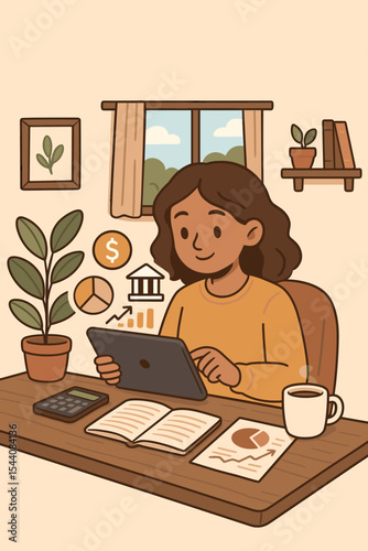 Young woman managing personal finance online at cozy home office. Digital tablet banking, budget planning, financial analysis, investment, money management. Cartoon vector illustration, workspace