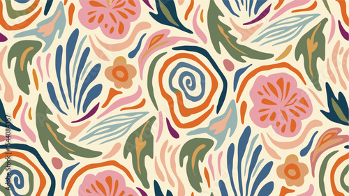Aesthetic floral pattern featuring abstract flowers leaves and swirls with a soft color palette design