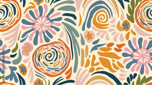 Colorful floral pattern with abstract shapes and swirls on a cream background creating a vibrant design