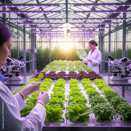 Scientists work in a greenhouse cultivating lettuce and analyzing data in an innovative agricultural research facility at sunset