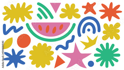 Colorful abstract shapes including watermelon slice and stars on a white background design style