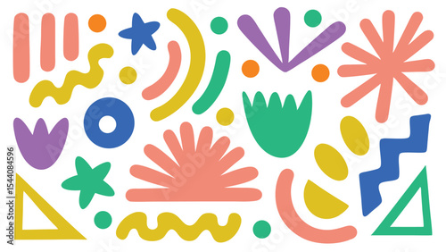 A playful arrangement of colorful geometric shapes and organic forms on a white background design layout