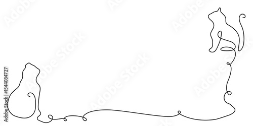 Continuous cat line one animal draw pet sketch outline vector drawing. Two line cat doodle happy couple 2 kitten white black background cute clipart friendship silhouette contour illustration back art