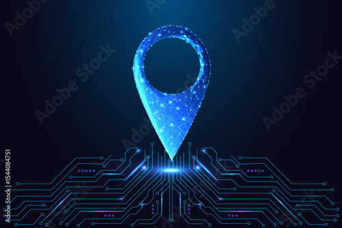 Digital map pin over circuit board, AI geolocation and GPS navigation futuristic tech concept