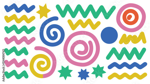 Colorful abstract shapes including spirals zigzags stars and circles on a white background design element