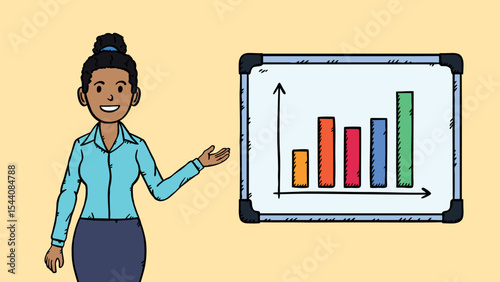 Businesswoman standing at flipchart and presenting data. There is a bar graph on the flipchart. Hand drawn vector graphic in cartoon style. Graphic with black comic outline.