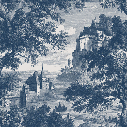 Seamless vector pattern with castles, hills, forests and plains. Traditional old European landscape scene. Vintage engraving style illustration.