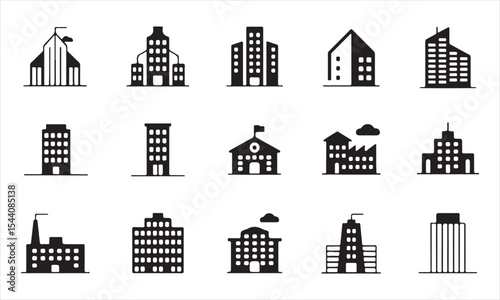 Collection of black building icons set