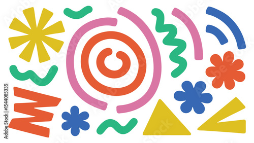 Colorful abstract shapes composition including spiral, zigzags, flowers and curves artfully arranged