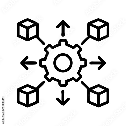 Decentralized system icon for blockchain technology and distributed network with gear and cube nodes