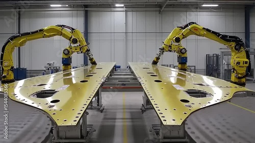 Robotic Arms Precisely Assembling Aircraft Wings in Automated Manufacturing Facility