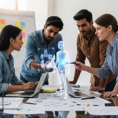 Team collaborates on innovative technology project in modern office environment with digital interface
