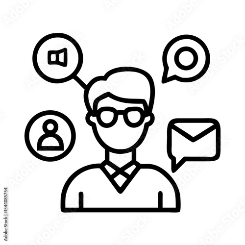 Illustration of business communication strategy and marketing with person and icons for social media reach