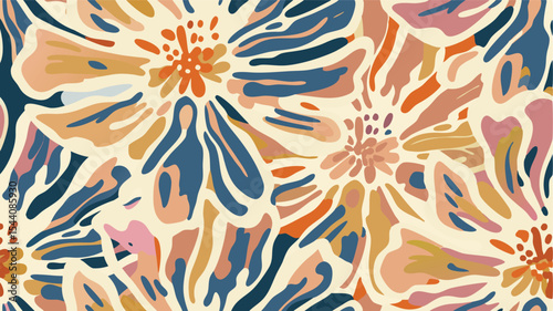 Floral pattern with abstract shapes in shades of blue orange pink and beige creates a seamless design