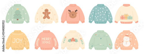 A collection of Christmas sweaters with different designs and messages. Some of the sweaters have a tree, a reindeer, and a snowman on them