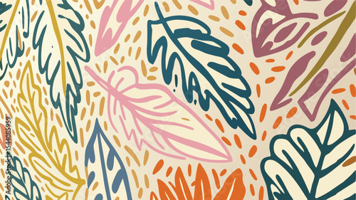 Colorful leaf pattern with abstract shapes and vibrant colors in a playful composition style design