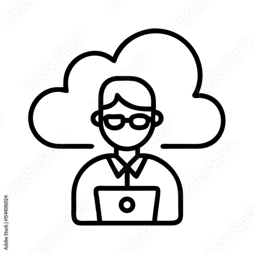 Cloud computing expert working on laptop, cloud network engineer, cloud service provider concept icon