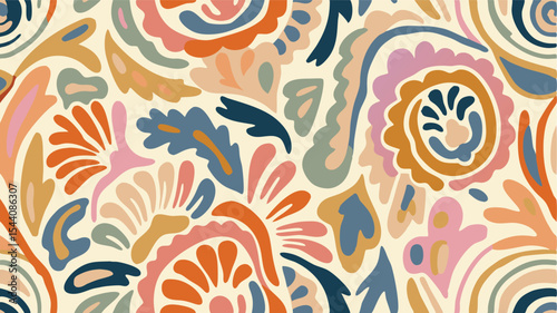Abstract floral pattern with swirling shapes in pastel colors on a light background creating a repeat design