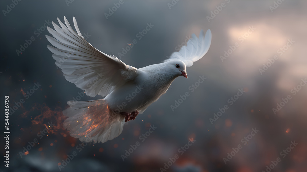 Obraz premium White dove with flames – symbol of the Holy Spirit in Christian tradition
