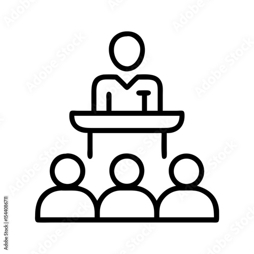 Presentation icon vector, business conference, speaker at podium, audience, seminar, meeting outline