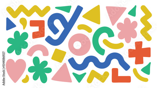 Colorful abstract shapes in a playful arrangement featuring geometric and organic forms on white background