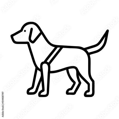 Vector line art illustration of a dog wearing harness for pet care and animal safety and training