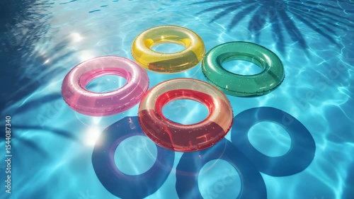 Colorful Inflatable Swim Rings Floating On Blue Swimming Pool Water With Sunlight And Palm Tree Shadows In Summer Scene
