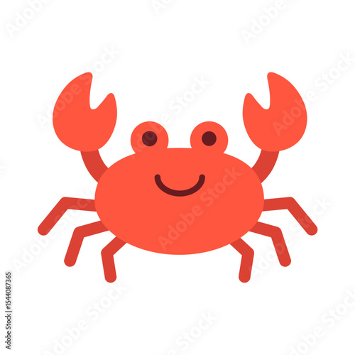 Flat vector cartoon illustration of a smiling red crab with claws. For summer, beach, sea life, vacation and ocean-themed design. Isolated on white background.