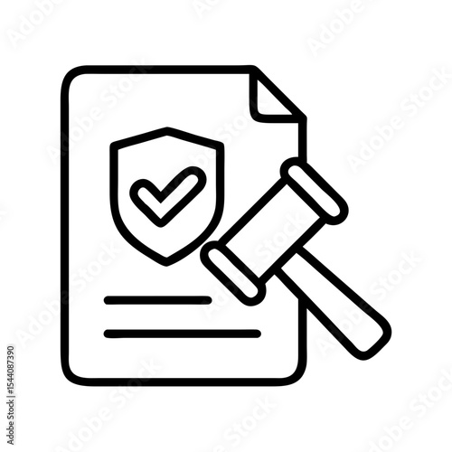 Secure document legal approval icon representing contract law and compliance with hammer and shield mark
